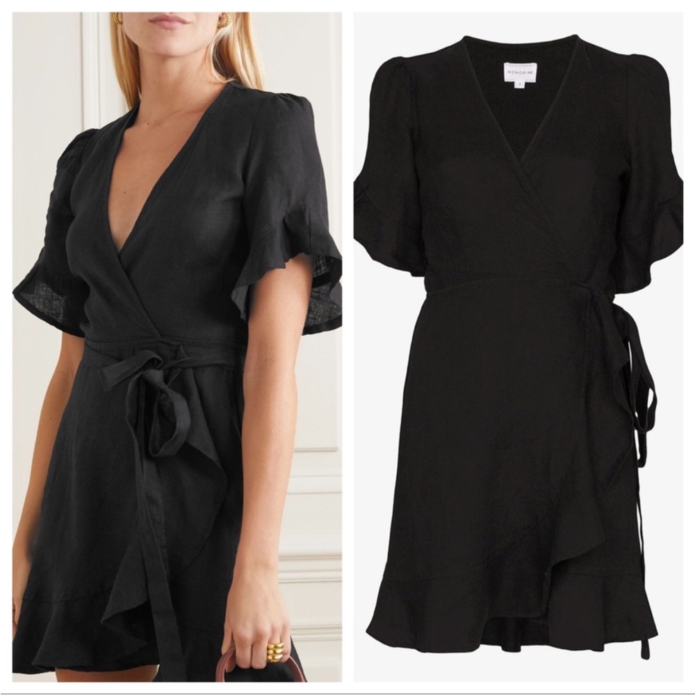 Honorine Edie Black Linen Ruffle Wrap Mini Dress XS